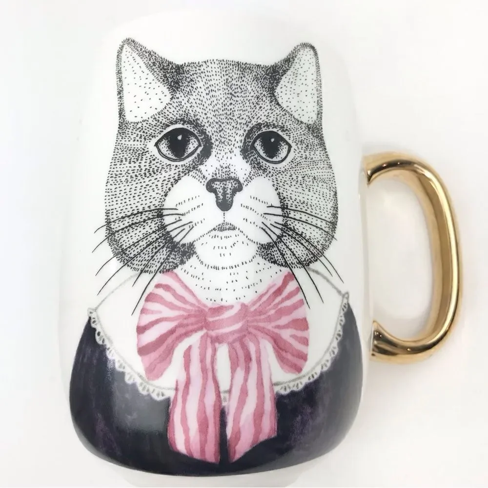 Pier 1 Fancy Cat Black White Pink Stripe Bow Double Sided Graphic China Mug